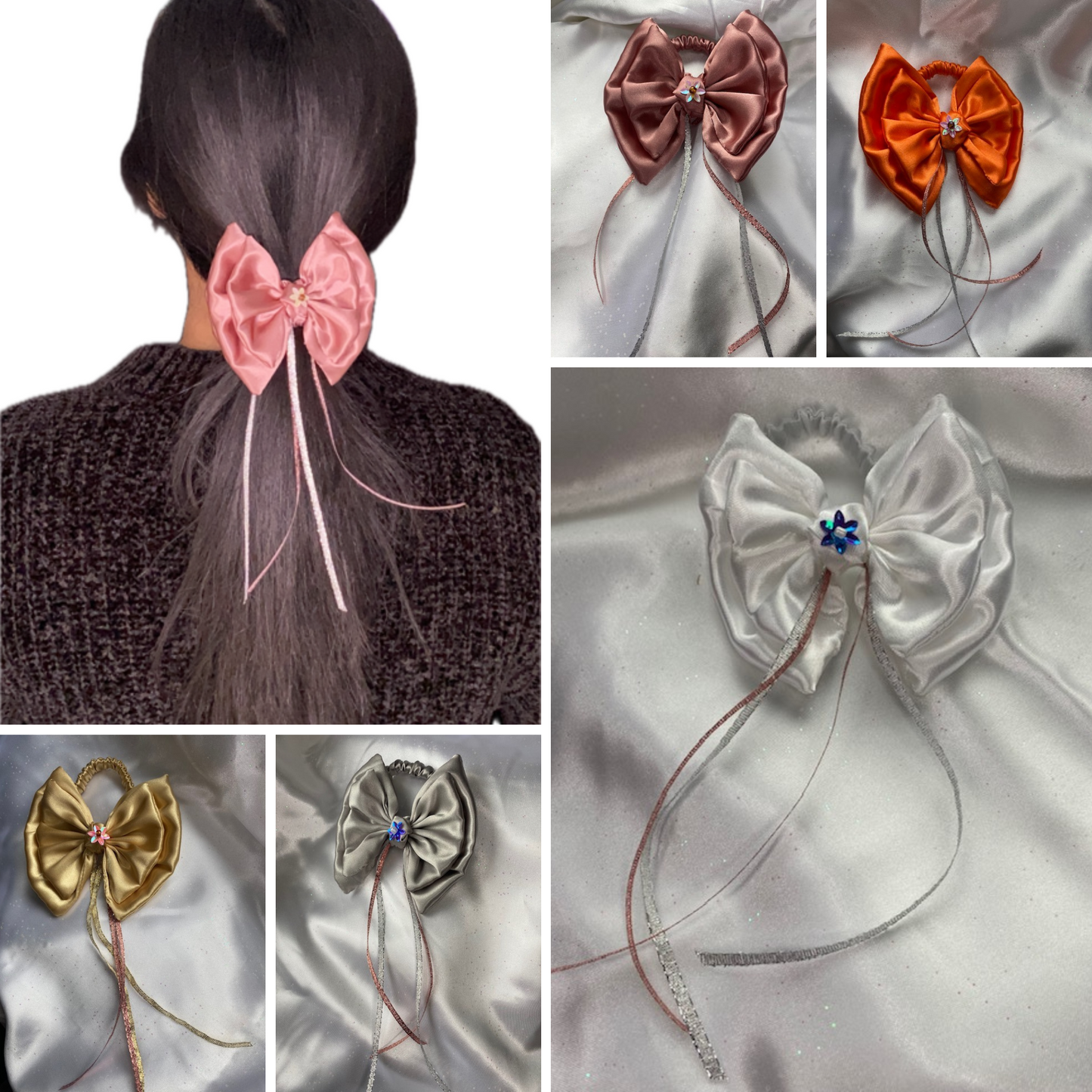 Satin Scrunchies with Bow and Gem Accent